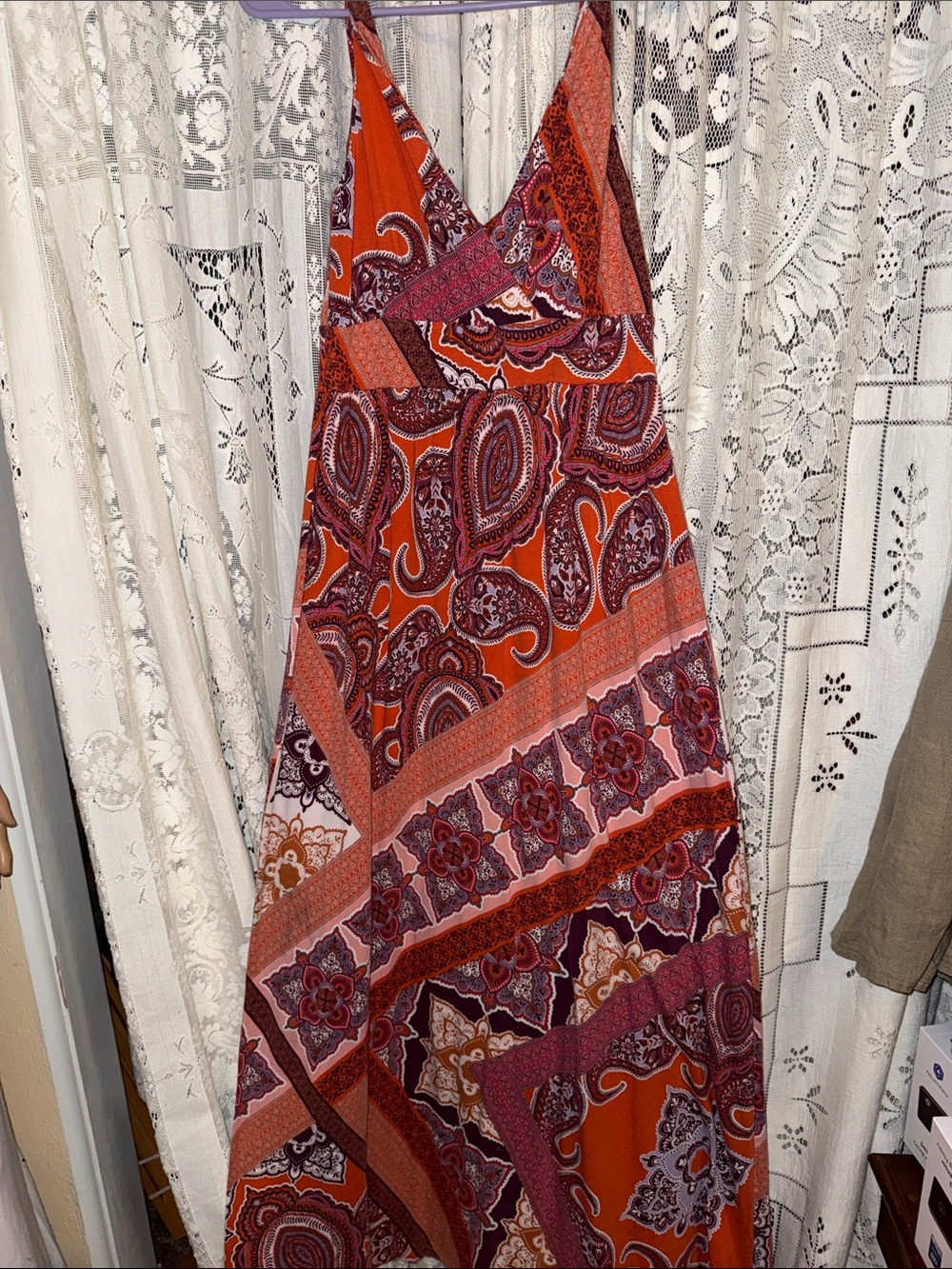 Garnet Hill Orange & Burgundy Paisley V-Neck Maxi Dress